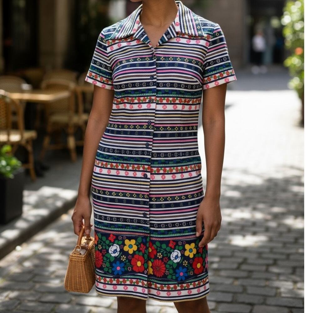 Vintage 60s Nelly Don Floral Stripe Shirt Dress USA Made ILGWU Tag Size Medium